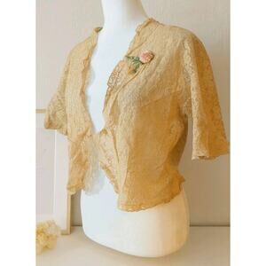 Vtg 1930s Victorian Cottage Rose Lace Bed Jacket Bolero Top Women M Cream Pink